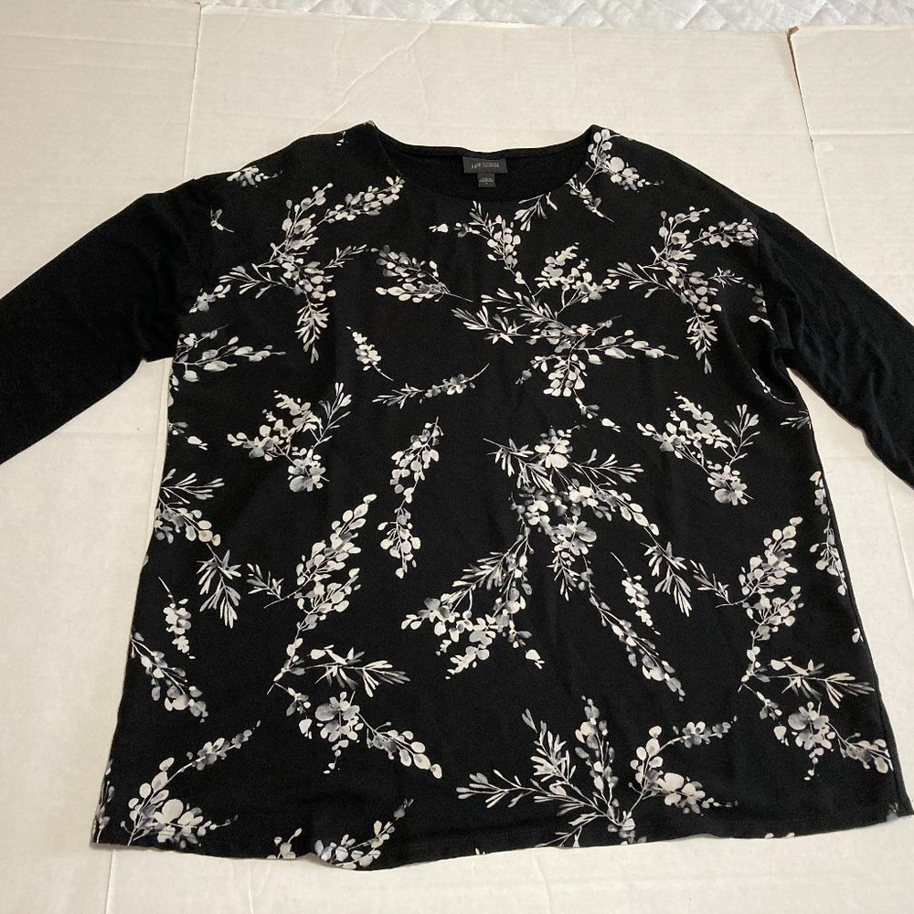 J Jill Wearever Collection Womens Floral Solid Top Long Sleeve Black White S